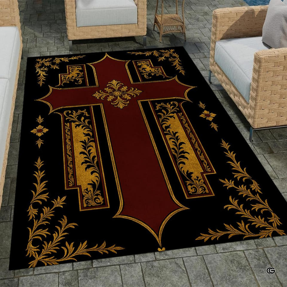 Baroque cross area rug with ornate gold filigree and crimson accents