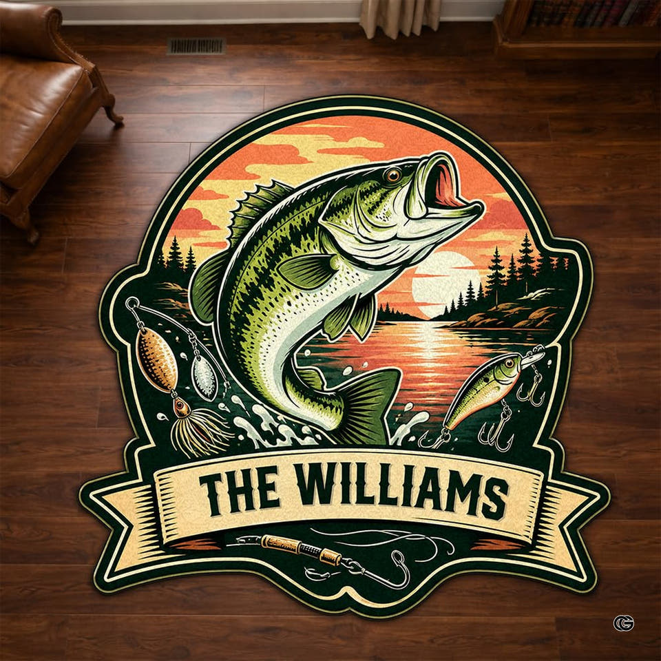 Jumping largemouth bass sunset lake shaped area rug in primary perspective