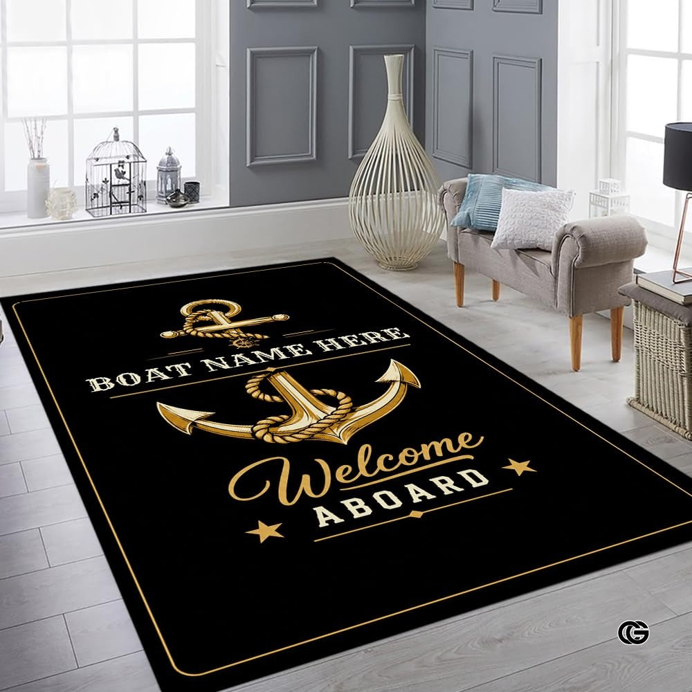 Custom Boat Rug, Personalized Welcome Aboard Mat with Boat Name, Nautical Area Rug for Deck, Entryway or Floor, Anchor Marine Decor, Boating Gift (Boat Rug 01)