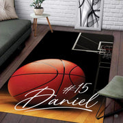 Custom basketball hardwood court living room area rug with basketball on gym floor and athletic personalization banner - thumbnail image 1 of 7