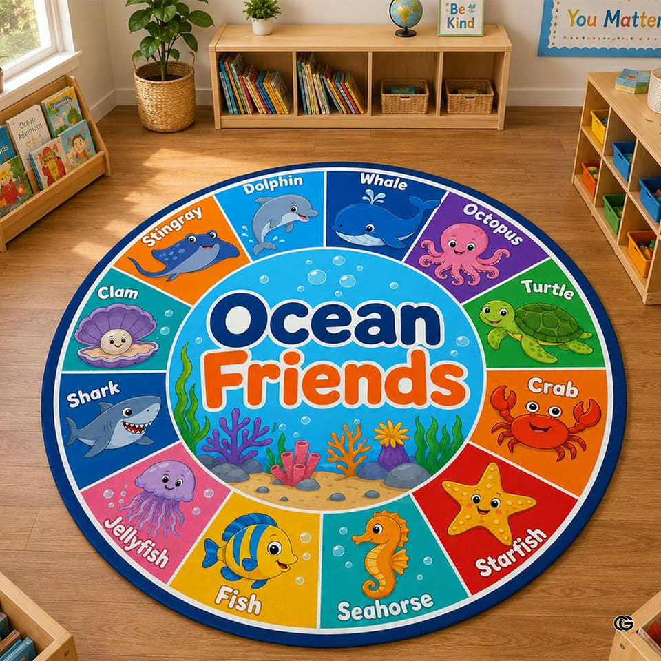 Overhead full perspective of circular marine life educational area rug centered on wooden floor in sunlit playroom