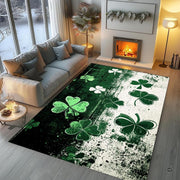 Detailed close-up showing floating four-leaf clovers, jade line art, and distressed paint drips on rug decorative accent. - thumbnail image 5 of 8