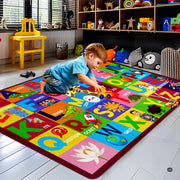 Close-up of storybook animal and celestial illustrations across bright alphabet squares on floor rug. - thumbnail image 6 of 9