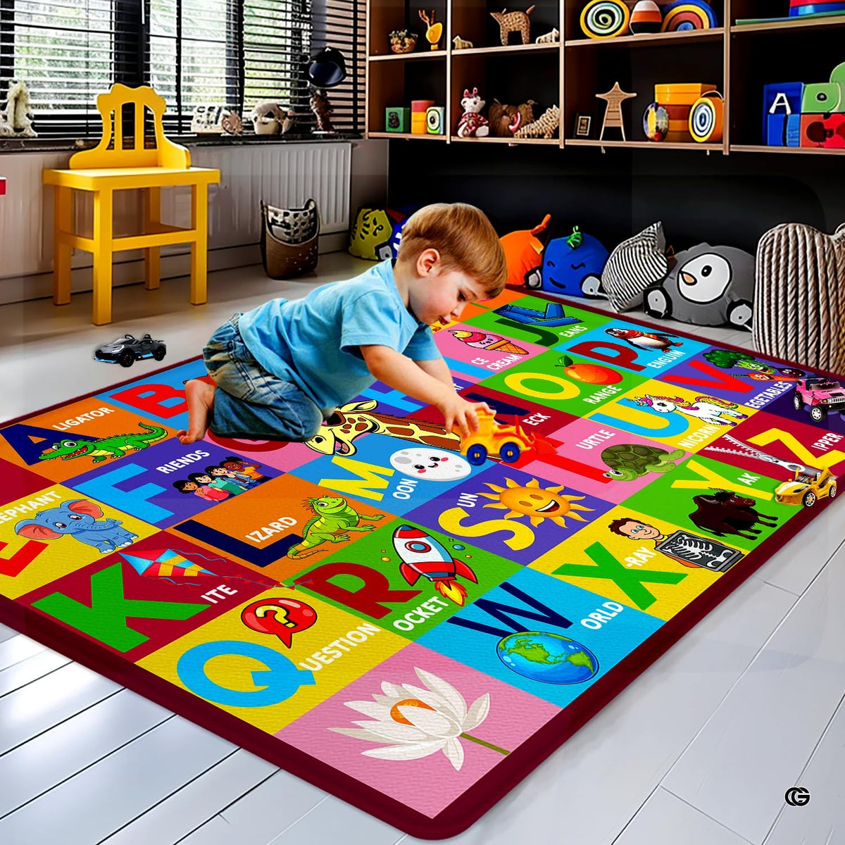 Close-up of storybook animal and celestial illustrations across bright alphabet squares on floor rug. - image 6 of 9
