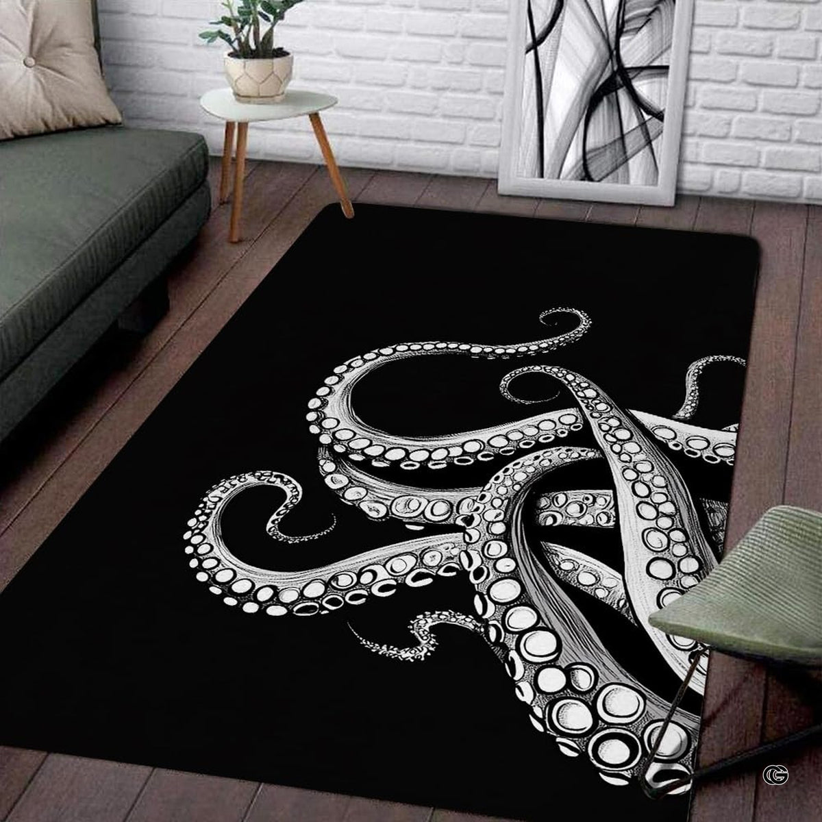 Monochrome black and white octopus tentacles illustration rectangular area rug.