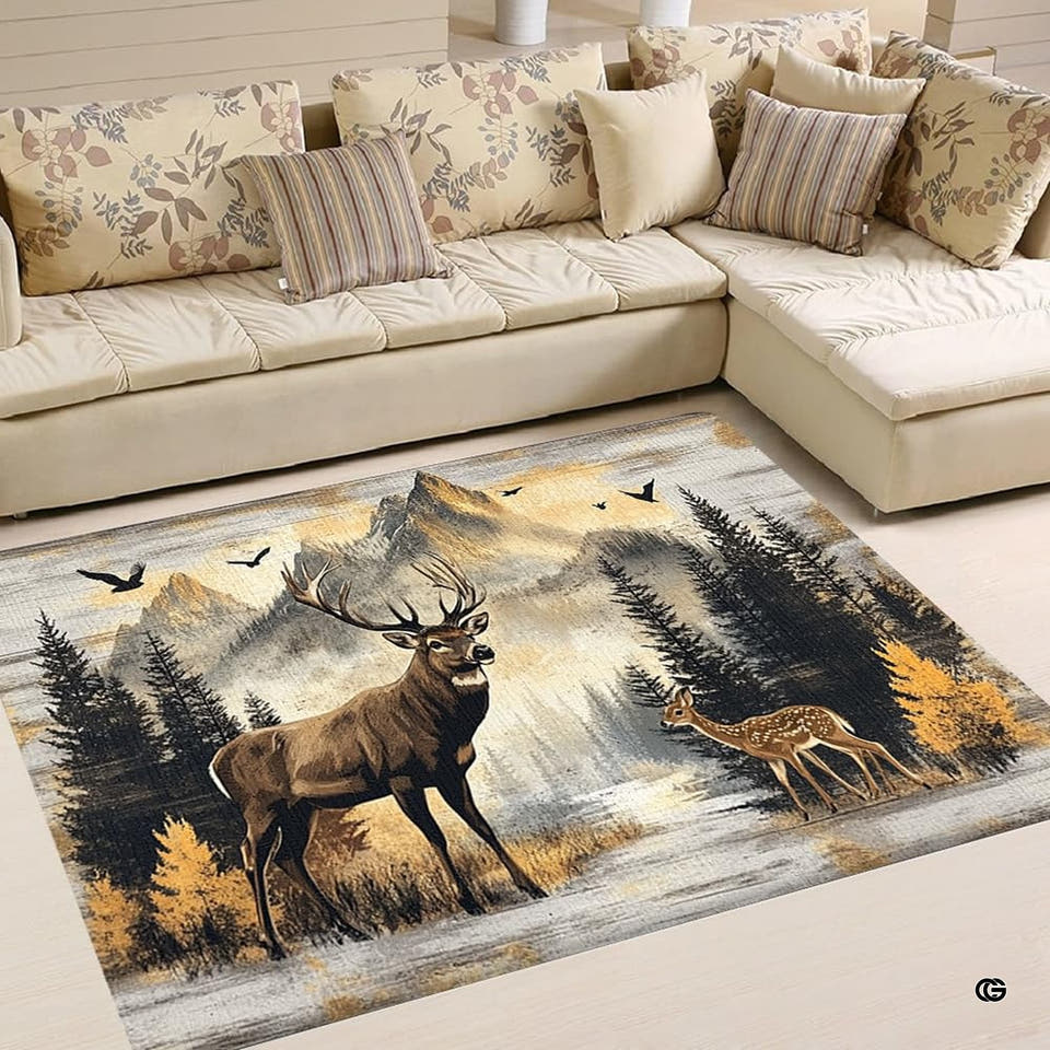 Full overhead view of alpine forest area rug depicting a noble buck and spotted fawn surrounded by pine trees.