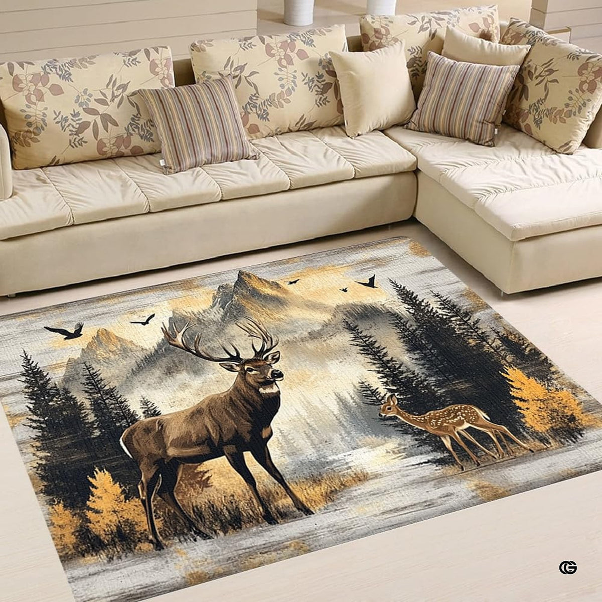 Full overhead view of alpine forest area rug depicting a noble buck and spotted fawn surrounded by pine trees.