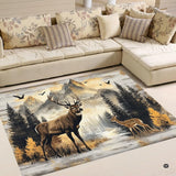 Full overhead view of alpine forest area rug depicting a noble buck and spotted fawn surrounded by pine trees.