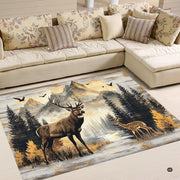 Full overhead view of alpine forest area rug depicting a noble buck and spotted fawn surrounded by pine trees. - thumbnail image 1 of 5