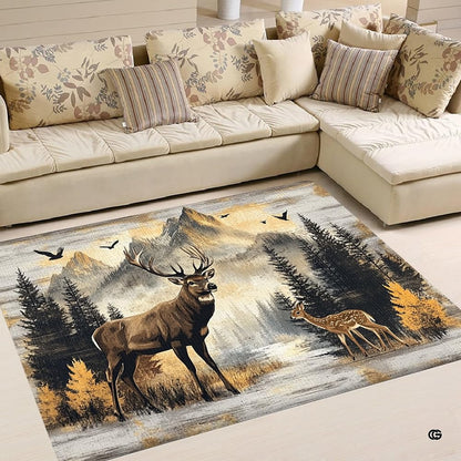 Full overhead view of alpine forest area rug depicting a noble buck and spotted fawn surrounded by pine trees. - thumbnail image 1 of 5