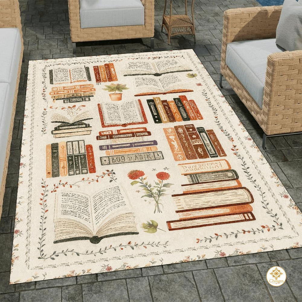 Custom Vintage Book Doormat with Floral Details and Cat Design