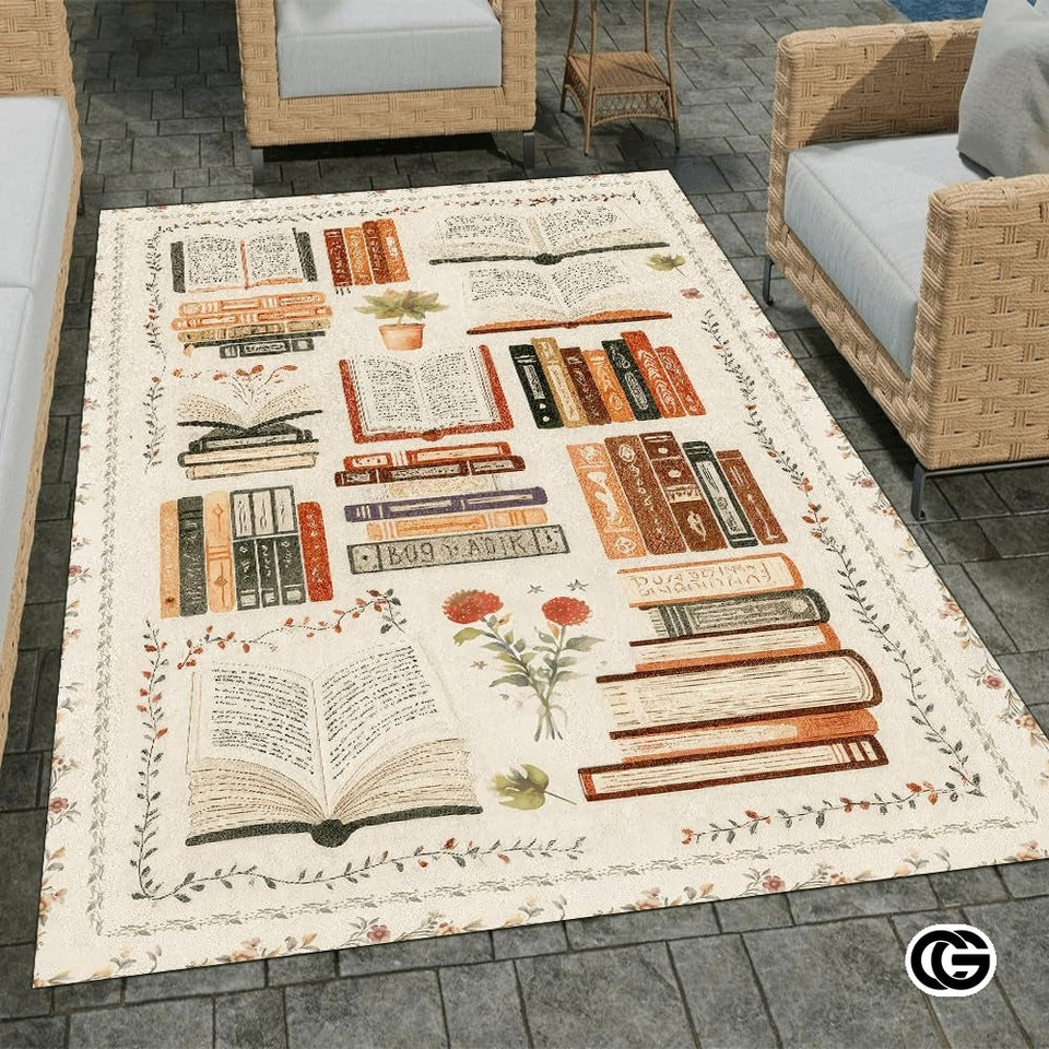 Custom Vintage Book Doormat with Floral Details and Cat Design