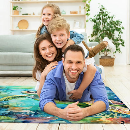 Close-up of painterly underwater coral brushstrokes and teal ocean depths across the decorative floor decorative accent. - thumbnail image 5 of 7