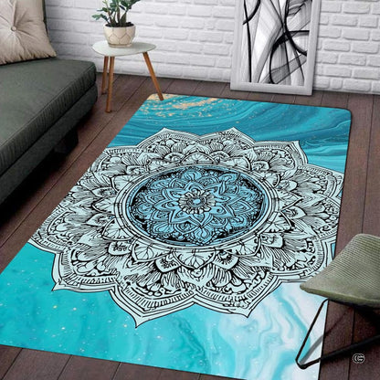Side angle shot highlighting rich turquoise and ocean blue fluid art details on circular floor rug - thumbnail image 7 of 8