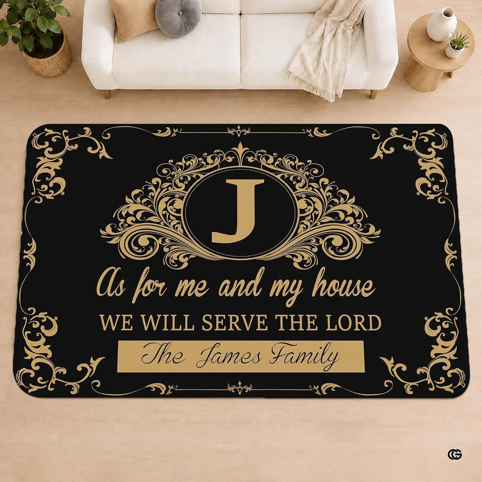 Ornate area rug featuring golden baroque filigree borders and circular medallion on dark background.