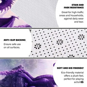Infographic showing the non-skid dot backing and edge stitching of the purple dragon rug - thumbnail image 4 of 8