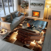 Miniature fantasy dragon with luminous orange wings resting on open spellbook illuminated by candlelight area rug. - thumbnail image 5 of 8