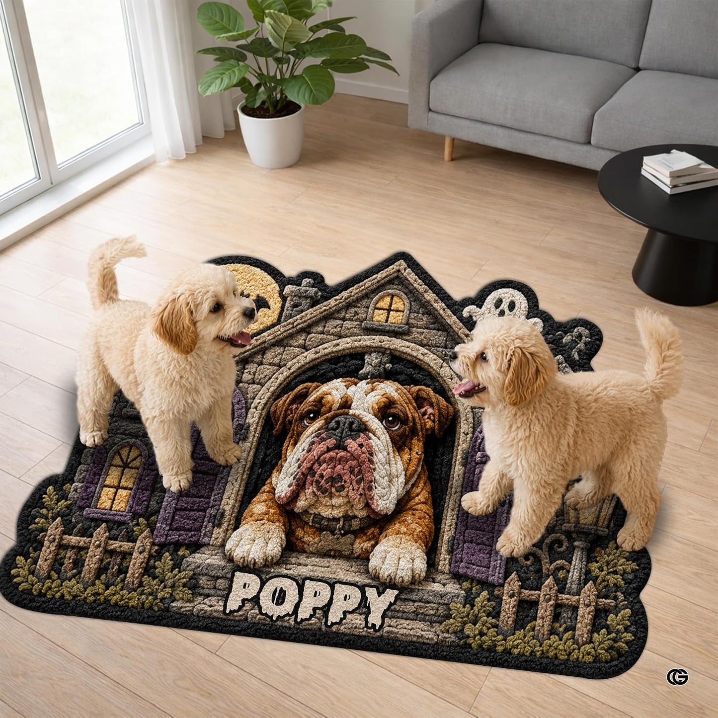 Custom Dog Photo Rug, Personalized Pet Portrait Area Mat Non Slip Indoor Door Rug for Dog Lovers, Welcome Home Decor Halloween (Haunted House)