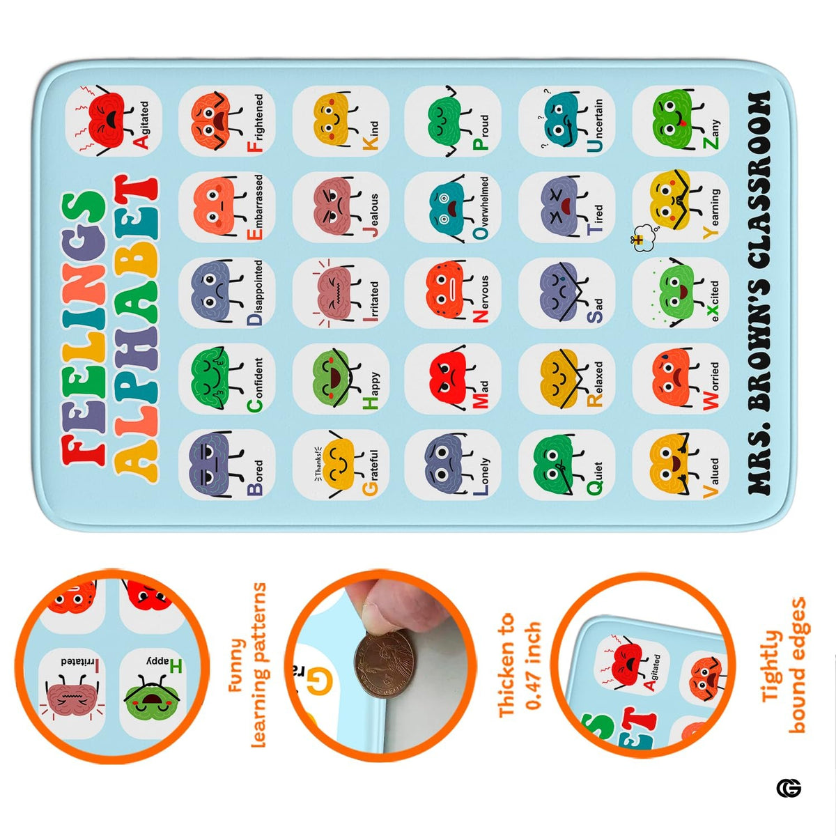 Sunlit study room layout showing the educational feelings alphabet rug beside books