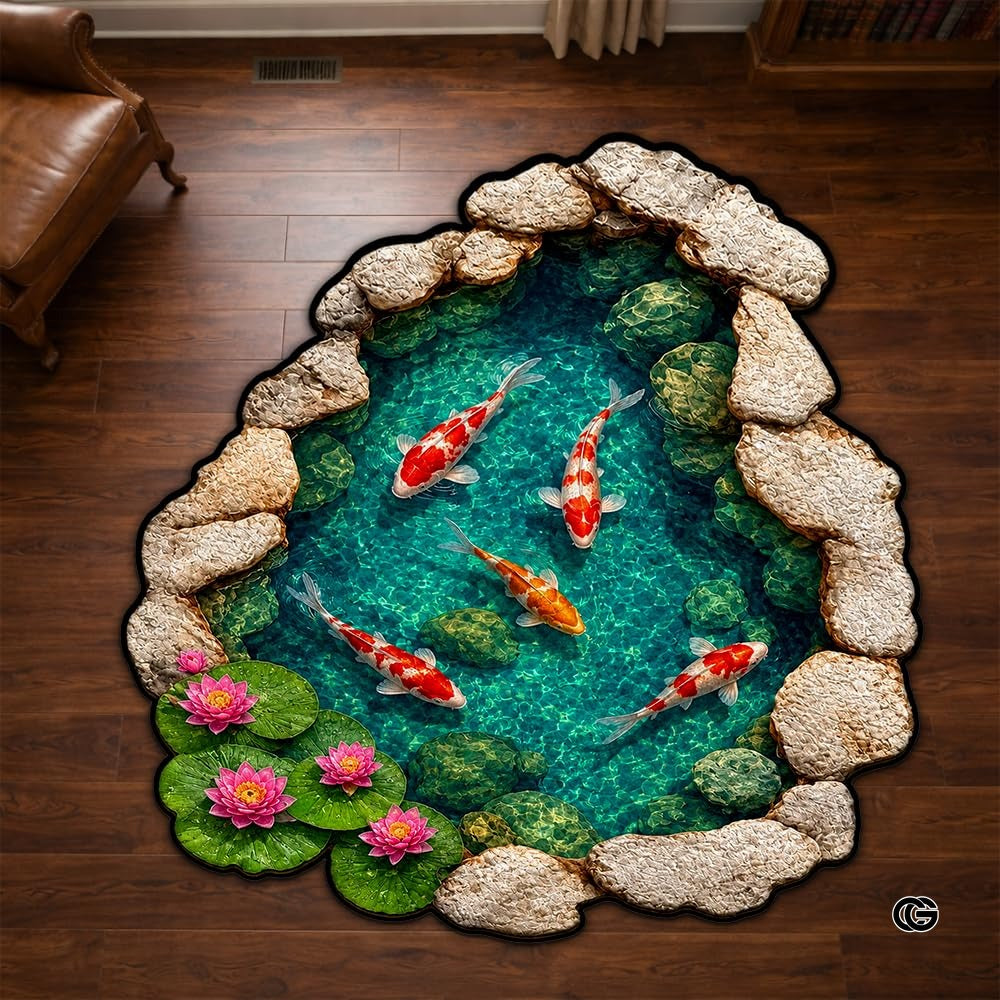 Custom Japanese Koi Fish Shaped Area Rug, Personalized 3D Optical Illusion Koi Pond Lotus Non Slip Washable Shaped Floor Mat, Fish Pond Rugs for Bedroom Living Room Decor (1, D3)