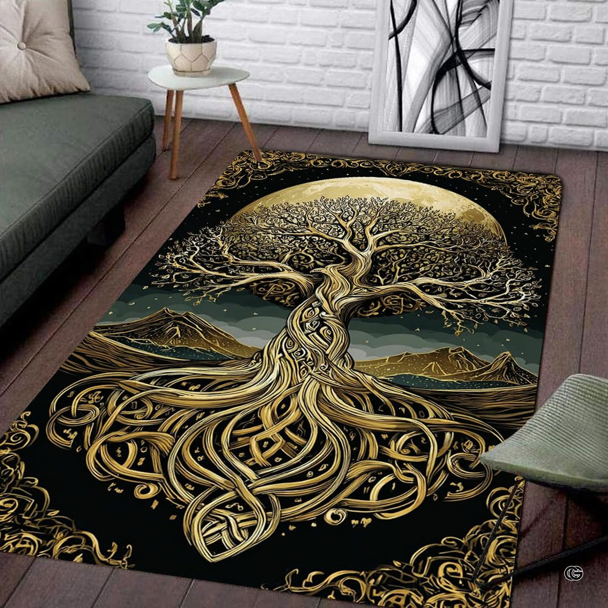 Close up of metallic gold Celtic tree of life symbol linework and ornate corner filigree accents.