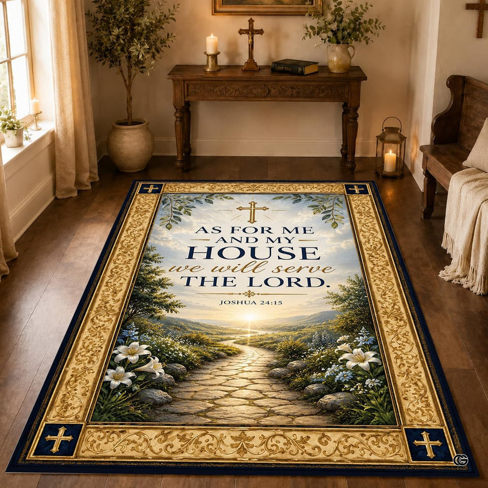 Pastoral sunrise pathway scene area rug on hardwood floor