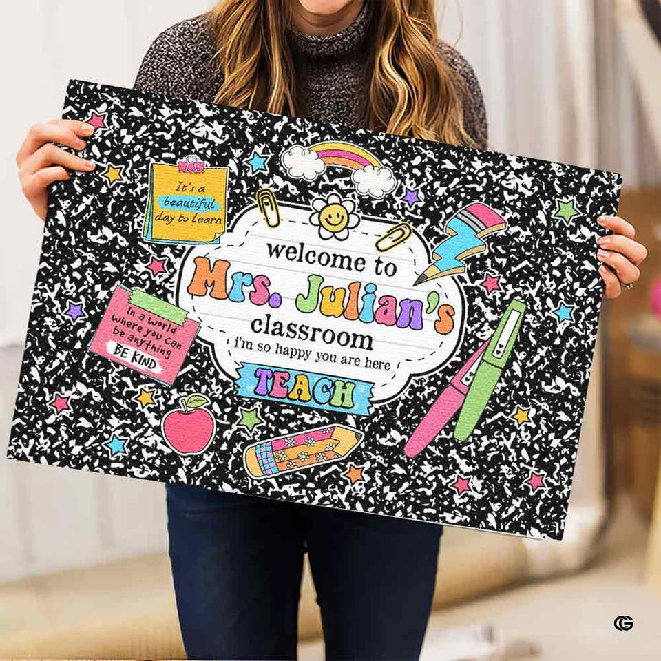 Personalized Teacher Welcome Door Mat with Name, Composition Notebook Style, Perfect Classroom Decor & Back to School Gift for Teachers (Composition Notebook #3)