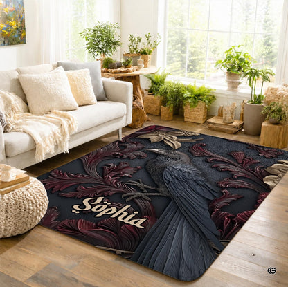 Personalized Witch Area Rug with Name - Custom Halloween Rug, Black Cat & Raven Floor Carpet, Spooky Gothic Home Decor, Non Slip Rugs (Style 1)