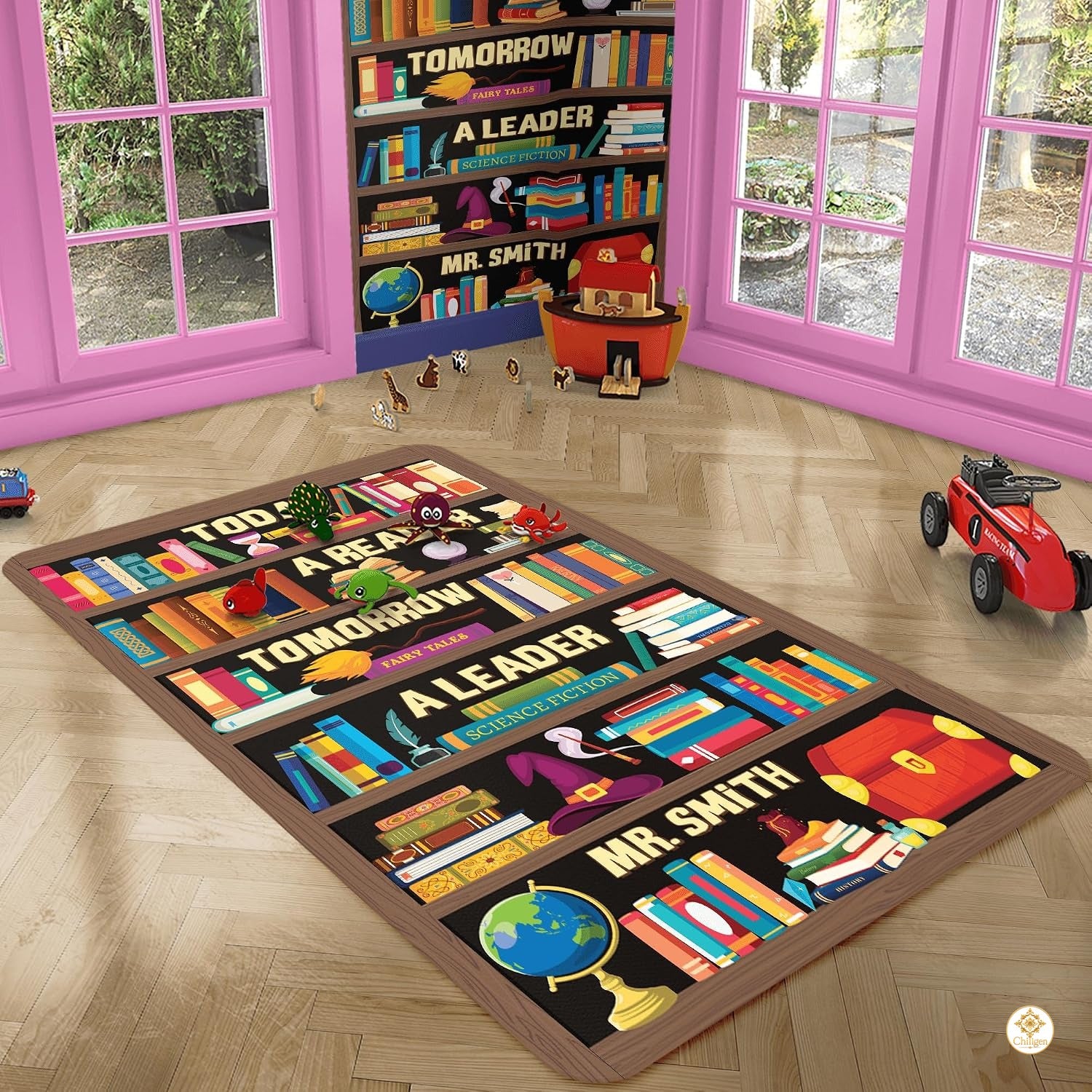 Custom Classroom Welcome Mat with Library and Bookshelf Detail