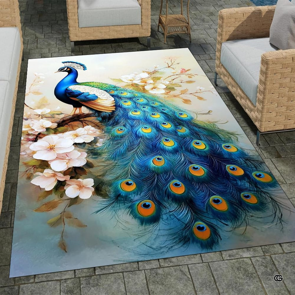Overhead layout view of the rectangular elegant peacock blossom branch wildlife area rug - image 7 of 8