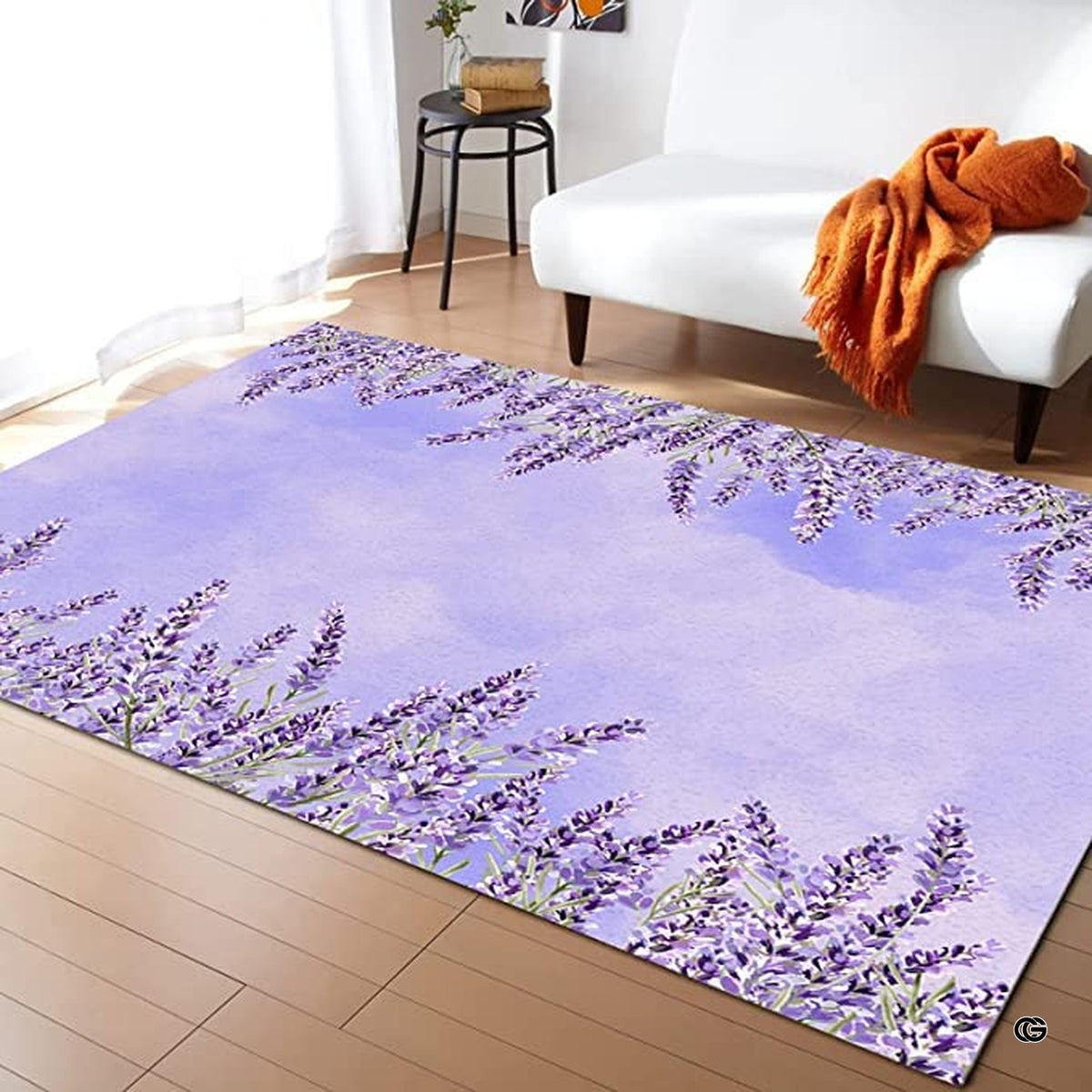 Pastel lavender floral border watercolor rectangular area rug in living room.