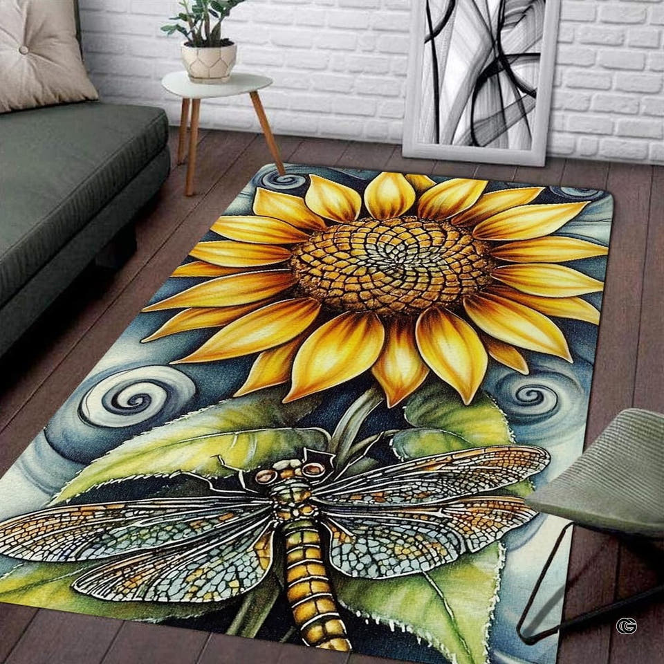 Golden sunflower and dragonfly botanical rectangular area rug.