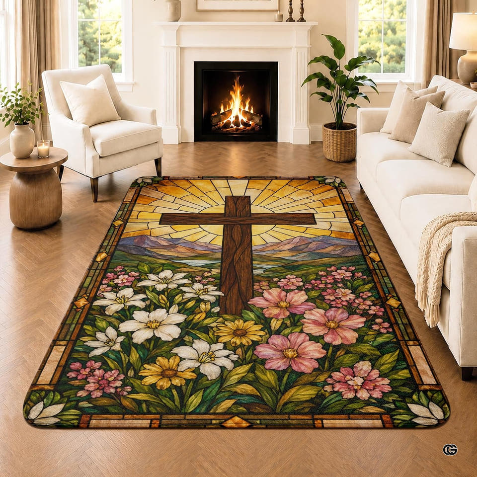 Stained glass floral cross area rug displayed on a hardwood living room floor