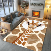 Fireside lounge setting with a person relaxing on the giraffe pattern area rug - thumbnail image 5 of 7
