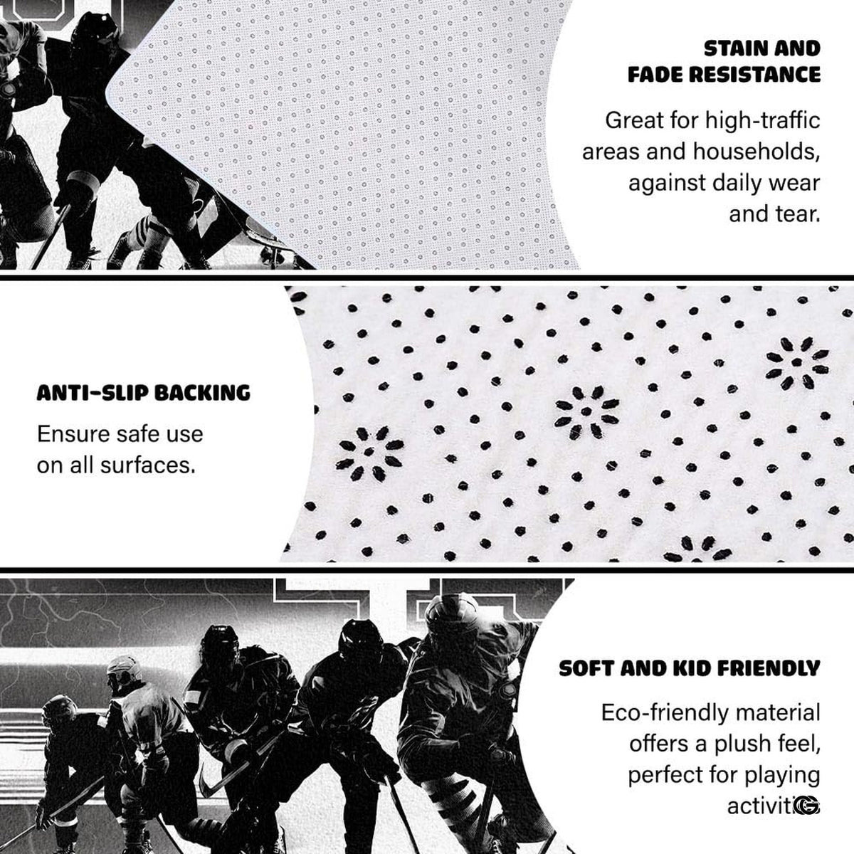 Detailed view of high contrast athletic typography and lightning effects on black hockey area rug.
