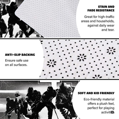 Detailed view of high contrast athletic typography and lightning effects on black hockey area rug. - thumbnail image 6 of 7