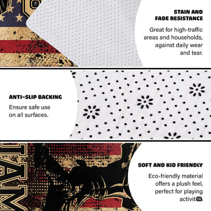 Infographic showing the non-skid dot backing and edge stitching of the baseball rug - thumbnail image 4 of 8