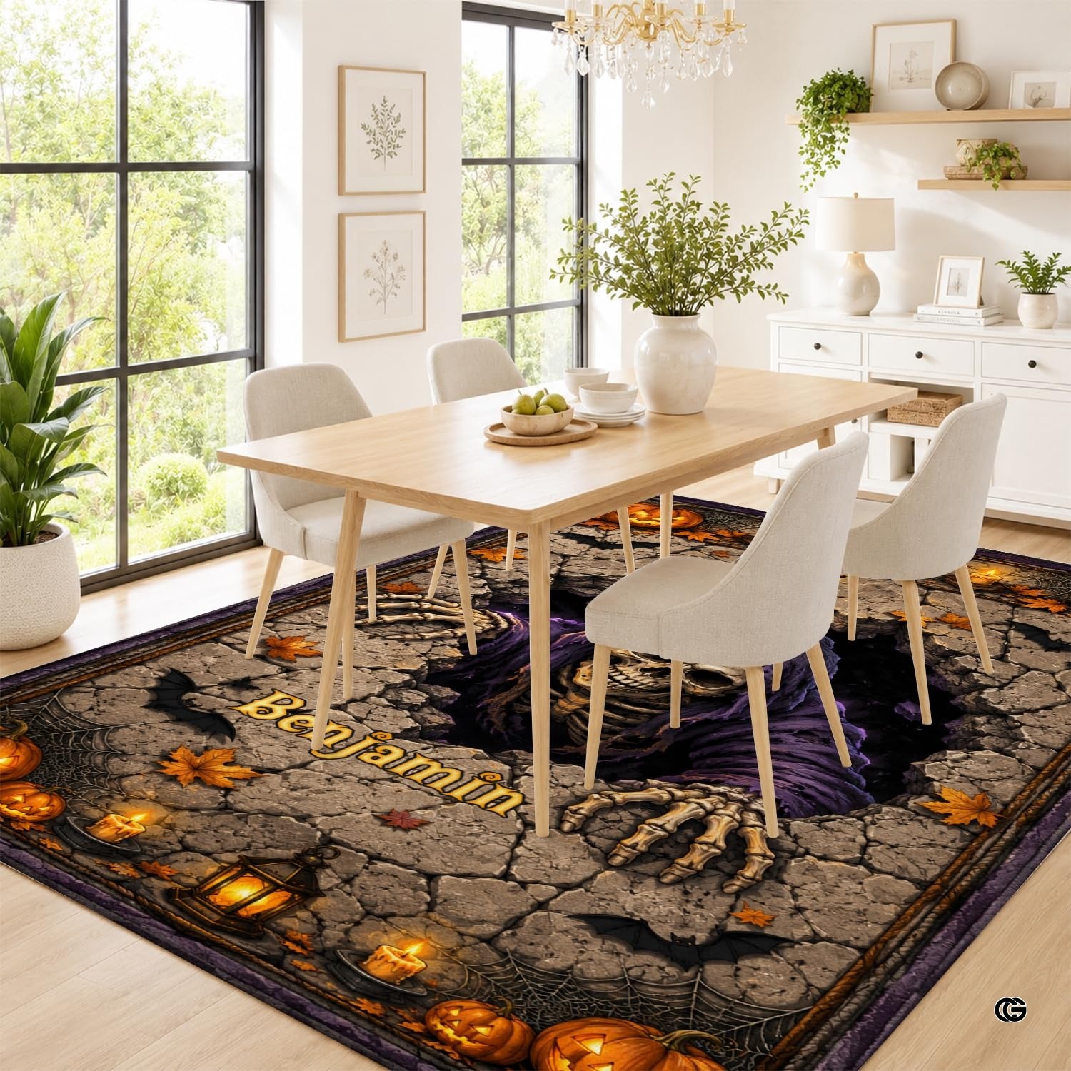 Personalized Witch Area Rug with Name - Custom Halloween Rug, Black Cat & Raven Floor Carpet, Spooky Gothic Home Decor, Non Slip Rugs (Style 8)