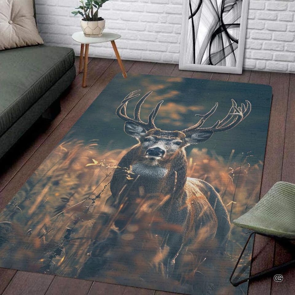 Majestic stag buck wildlife floor rug area rug with golden autumn leaves and navy background.