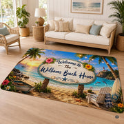 Personalized Tropical Beach Rug, Custom Family Name Tropical Outdoor Rug, Flamingo Surfboard Ocean Area Rug for Living Room, Patio, Beach House Decor, Design 06