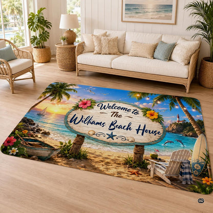 Personalized Tropical Beach Rug, Custom Family Name Tropical Outdoor Rug, Flamingo Surfboard Ocean Area Rug for Living Room, Patio, Beach House Decor, Design 06