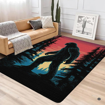 Detailed artwork view of the woodland animal rug showcasing orange sky tones and towering evergreens. - thumbnail image 2 of 5