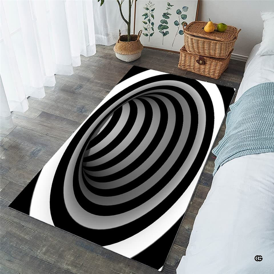 Bedroom setting displaying a rectangular 3D concentric vortex tunnel optical illusion rug on wood floor.