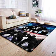 Overhead layout view of the hockey rink rug 8x10 graphic presentation with rich navy and white accents. - thumbnail image 4 of 7