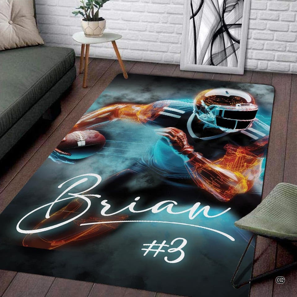 Neon electric football player graphic area rug for modern bedrooms