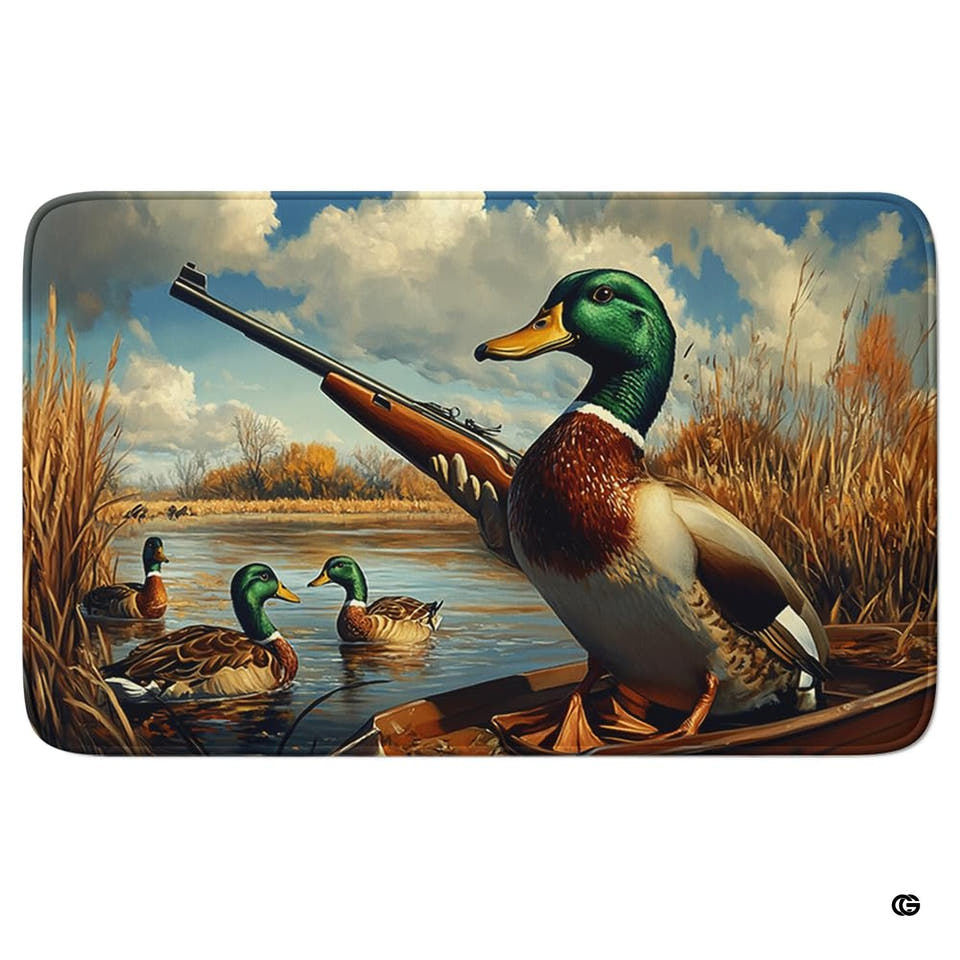 Mallard duck hunter floor mat displayed flat showing wooden boat marsh art