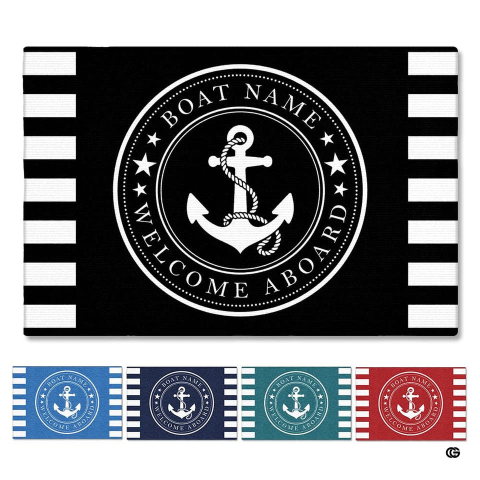 Personalized Nautical Doormat with Boat Name & Location – Custom Anchor Welcome Mat for Fishing Boat, Yacht, or Dock – Outdoor Indoor Floor Rug for Cabin, Ship (Nautical 01)