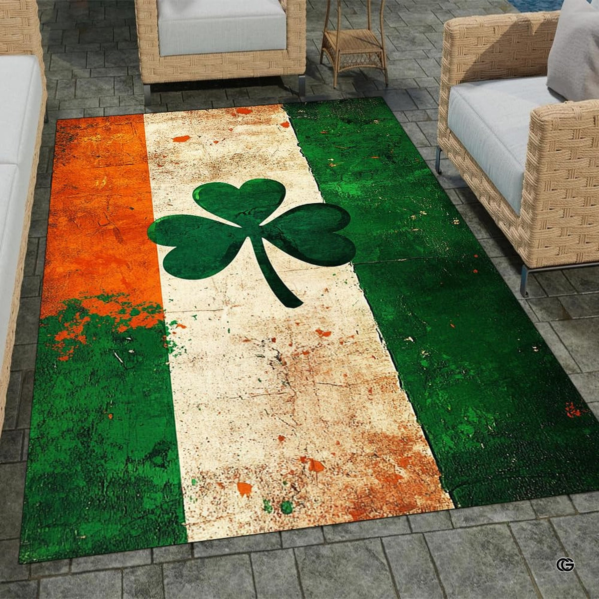 Home lounge setup displaying the vintage Irish tricolor floor carpet - image 7 of 8
