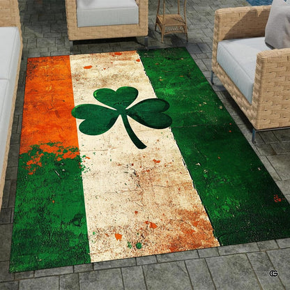 Home lounge setup displaying the vintage Irish tricolor floor carpet - thumbnail image 7 of 8