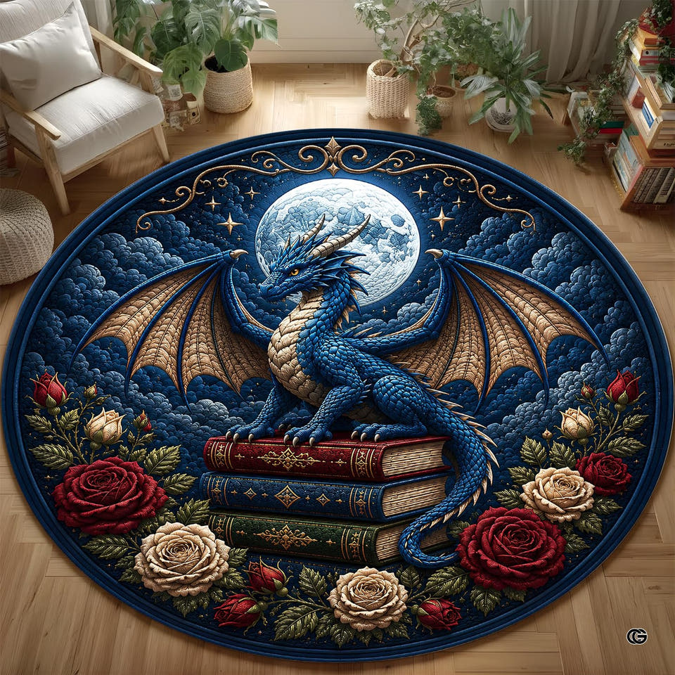 Round blue dragon rug with moon, stacked books and roses